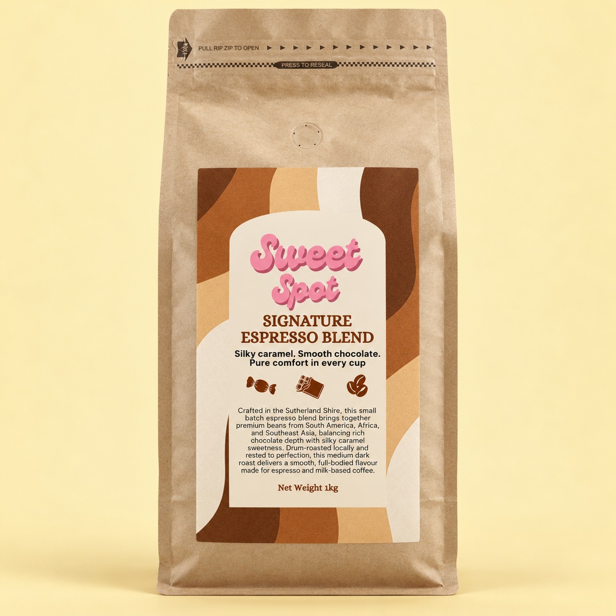 Sweet Spot Signature Espresso Blend custom label on a tall brown kraft 1kg bag with pull-rip zipper and valve — packaging mockup