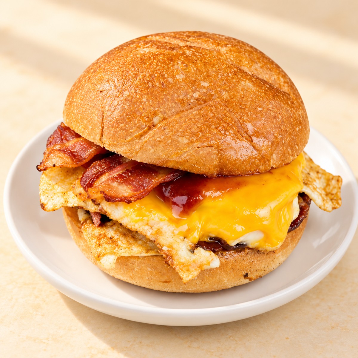 Golden roll with bacon, egg and melted cheese
