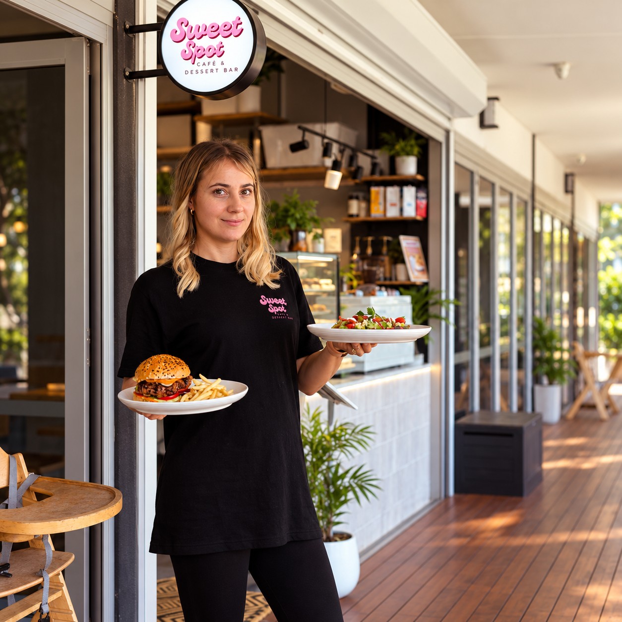 A friendly face at Sweet Spot, serving a burger and fresh salad outside the café